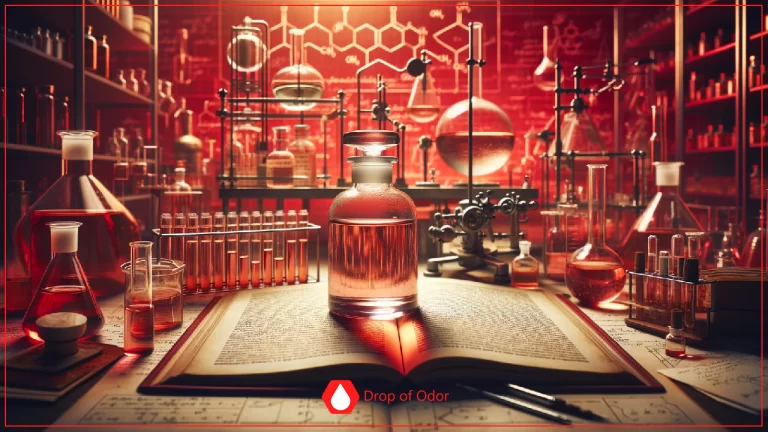 A dramatically lit image in deep red tones showing a perfume bottle and a row of test tubes filled with red liquid, all sitting on an open chemistry textbook, surrounded by various pieces of laboratory glassware and a background of molecular structure diagrams.
