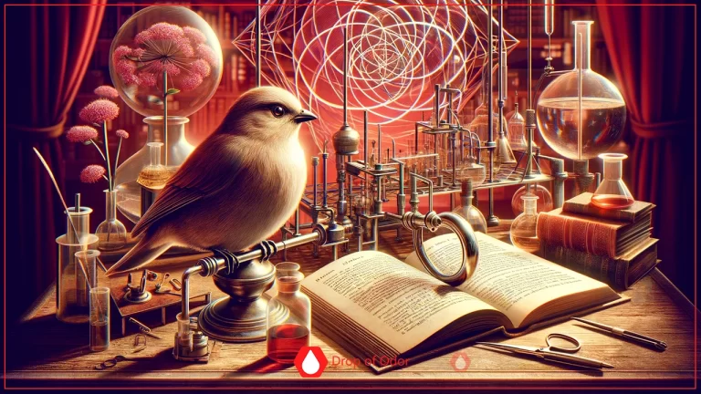 A still life featuring a small bird perched on an elaborate scientific apparatus, surrounded by glassware, an open book, and glowing geometric patterns on a table with red curtain backlighting, suggesting quantum biology.