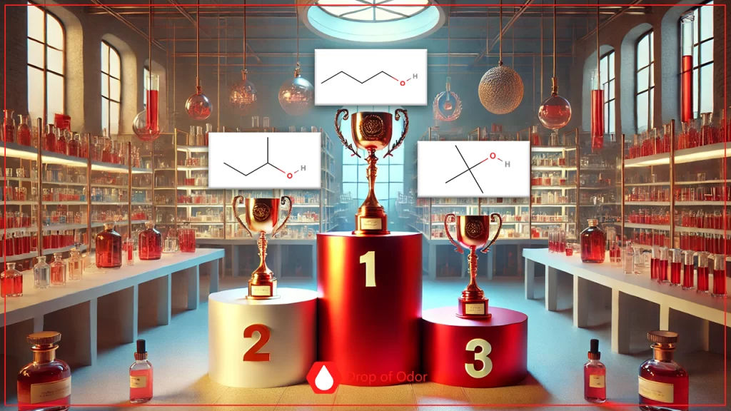 A red-lit image of a laboratory with shelves of bottles, showing a winner's podium (labeled 1, 2, 3) where the chemical structures of a primary (1°), secondary (2°), and tertiary (3°) alcohol are displayed above each respective trophy.