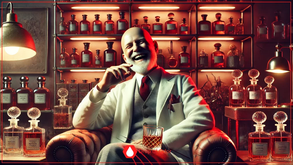 A grinning, distinguished bald man with a white beard, wearing a white lab coat and vest, sits in a leather chair holding a glass of amber liquid, surrounded by shelves of antique perfume bottles filled with red liquid.