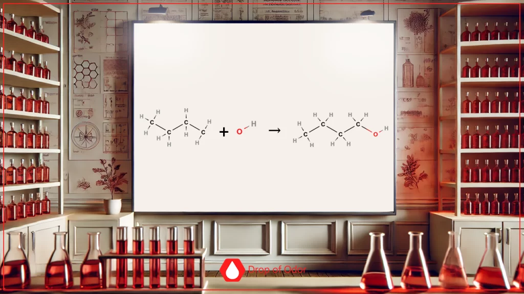 A white board in a red-lit laboratory setting displays the chemical reaction for the synthesis of an alcohol molecule: a propyl group reacting with a hydroxide ion ($OH^−$) to form Propanol.