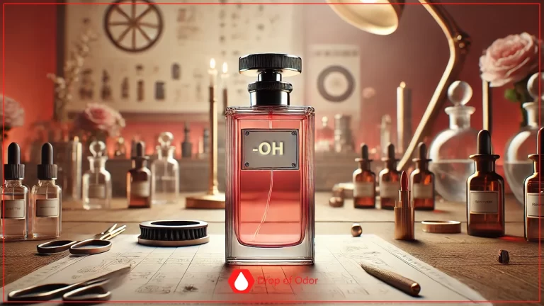 A prominent, square perfume bottle with pink liquid stands on a desk in a vintage laboratory setting, bearing a label that reads "-OH" (the chemical functional group for alcohols/phenols), surrounded by small vials, droppers, and drawing tools.