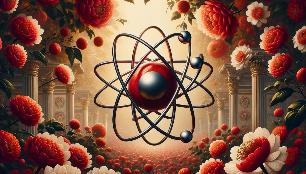atoms and elements. A highly stylized, surreal image showing a large, glowing Bohr model of an atom at the center, surrounded by an abundance of red and white flowers, with classical stone columns in the background.