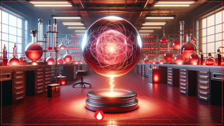 A highly stylized, surreal image showing a large, glowing Bohr model of an atom at the center, surrounded by an abundance of red and white flowers, with classical stone columns in the background.