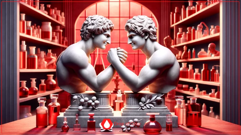 A striking image featuring two marble classical busts of men arm wrestling on pedestals, set in a laboratory with shelves full of bottles and glassware in a deep red and white color scheme, symbolizing a chemical bond or force.