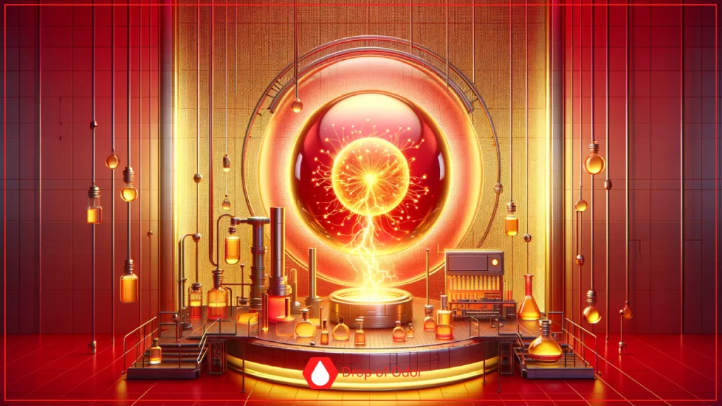
A glowing, futuristic laboratory image with a central circular display featuring a bright, crackling energy sphere and a bolt of lightning, surrounded by small vials of golden liquid, representing an electron or energy source.