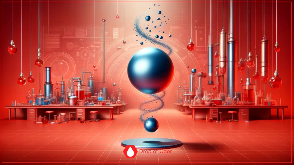surreal, red-lit laboratory image featuring a large, central blue sphere (symbolizing a neutron) surrounded by scientific equipment, with a helix of smaller blue particles spiraling up and down.