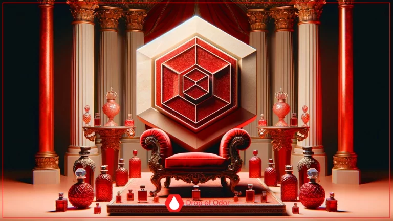 A highly stylized and luxurious image featuring a red velvet chair (throne) at the center, backed by a large, geometric, red hexagon structure (symbolizing the Benzene ring), all set between tall, white and gold pillars and surrounded by numerous ornate red glass perfume bottles.