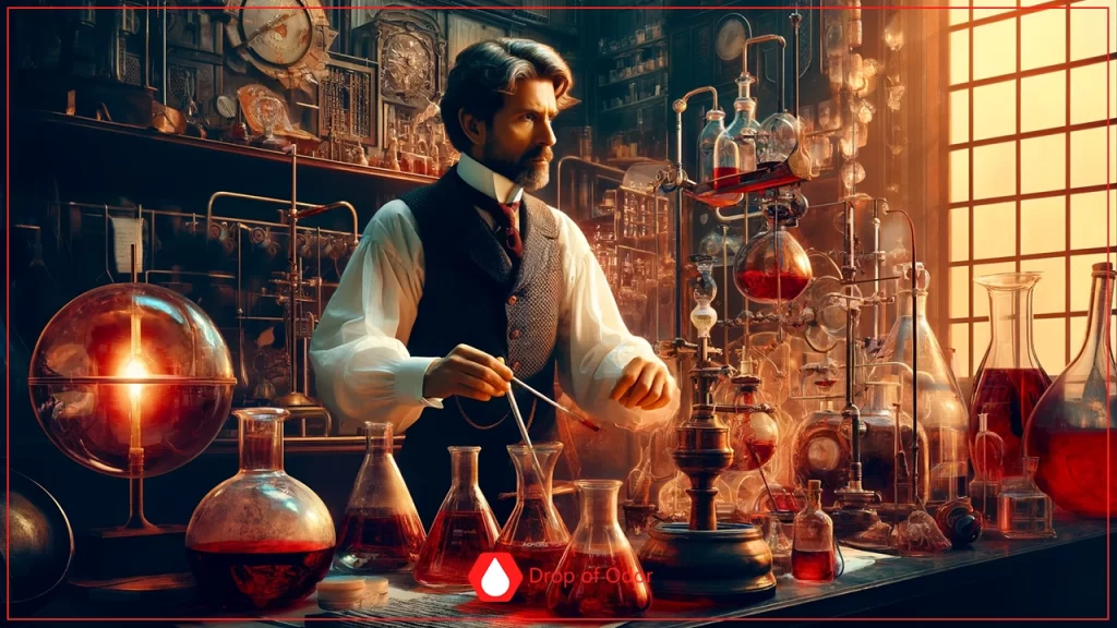 
A historical image of a serious-looking, bearded chemist in a vest and white shirt working in a Victorian-era laboratory, stirring a flask amidst complex glassware, beakers with red liquid, and scientific apparatus.