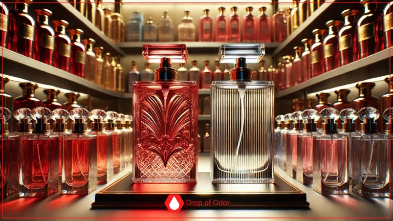A dramatic image showcasing two similar square perfume bottles on a pedestal, one filled with dark red liquid and an embossed design, and the other clear with a ribbed design, surrounded by shelves of countless other perfume bottles.
