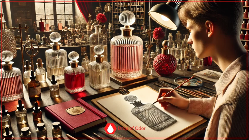 A young person intently sketches a detailed perfume bottle design on a pad, surrounded by numerous existing ornate glass bottles, vials, and a red notebook in a busy, creative workshop or lab.