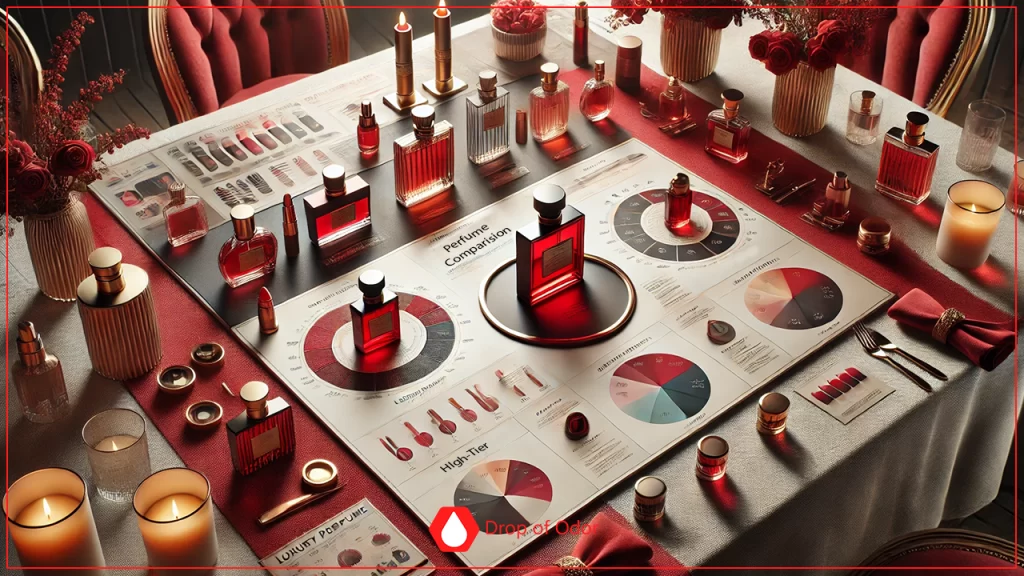 An overhead view of a luxurious table set with candles and red decor, featuring a central display labeled "Perfume Comparison," which includes various perfume bottles, color-coded charts, and scent diagrams.