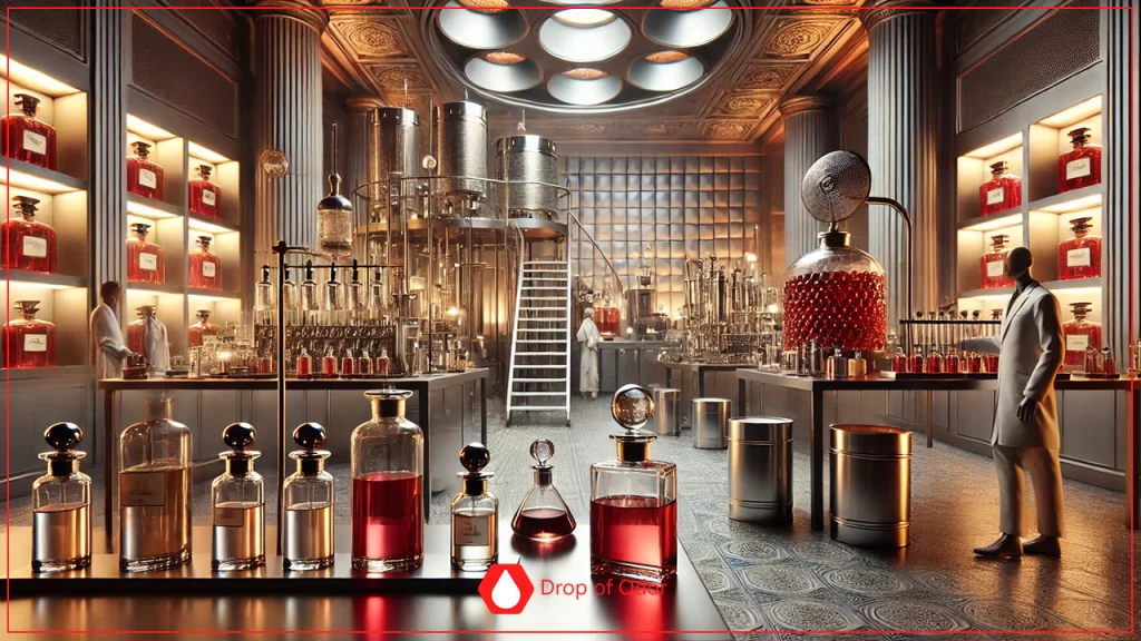 A highly opulent and sophisticated perfume production laboratory, featuring elaborate machinery, staircases, workers in white suits, and illuminated shelves displaying rows of large red perfume bottles.