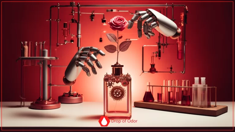 A highly stylized image in a red-toned laboratory showing two robotic hands manipulating a single rose that appears to grow out of an ornate, square perfume bottle decorated with visible gears and mechanisms.