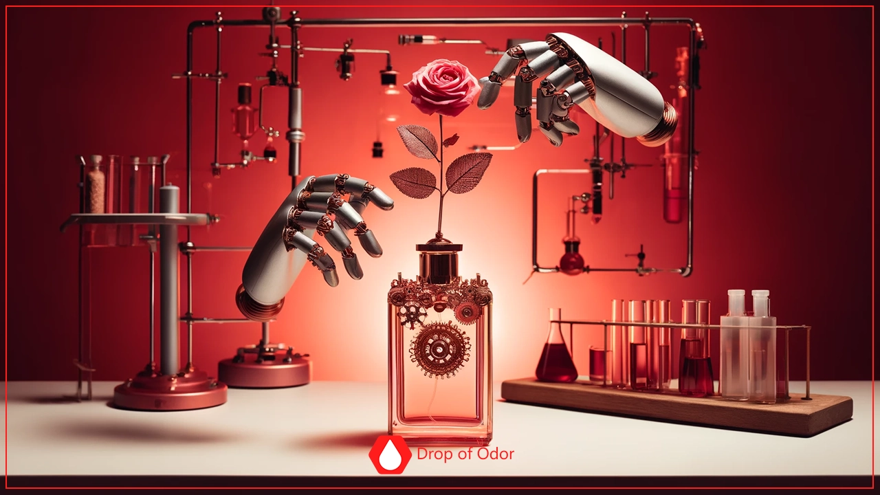 A highly stylized image in a red-toned laboratory showing two robotic hands manipulating a single rose that appears to grow out of an ornate, square perfume bottle decorated with visible gears and mechanisms.