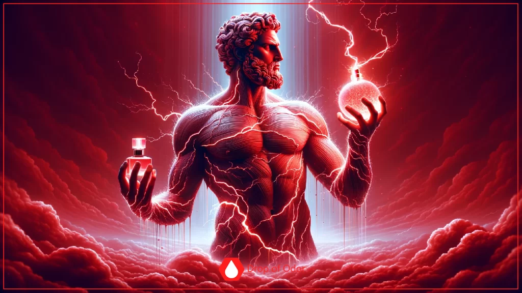A dramatically lit, red-toned image of a muscular, bearded figure resembling a Greek god, crackling with lightning (symbolizing electronegativity), holding a perfume bottle in one hand and a glowing sphere in the other.