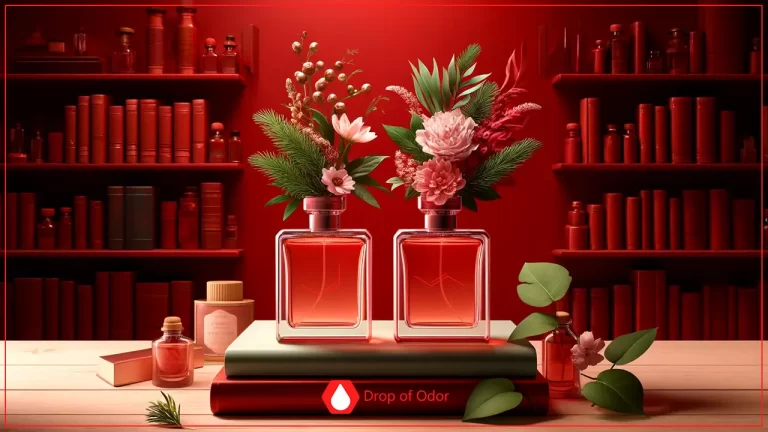 A visually rich image features two identical square perfume bottles with red liquid, each topped with a distinct floral arrangement, sitting on a stack of books in a room lined with shelves of red books and bottles.