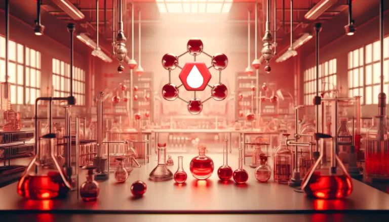 A wide shot of a futuristic laboratory with an industrial feel, bathed in a red glow, featuring a central holographic molecular structure with a drop of odor logo, surrounded by various flasks and vials on a long lab bench.