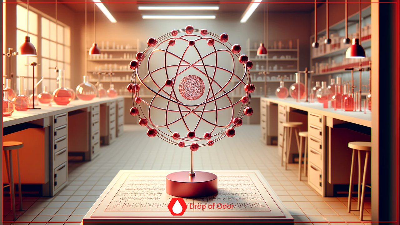A stylized atomic model (resembling a large, red Bohr model) sits on a pedestal in the center of a brightly lit, modern chemistry laboratory lined with counters, stools, and shelves of glassware.