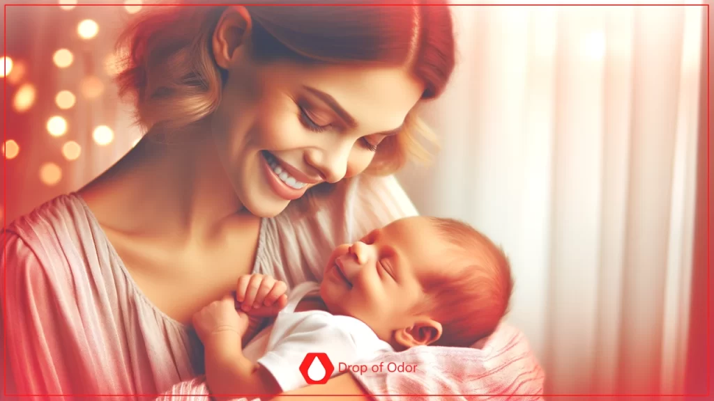 mother's scent. A tender, brightly-lit image of a smiling mother holding her newborn baby nestled in her arms, with warm bokeh lights in the background.