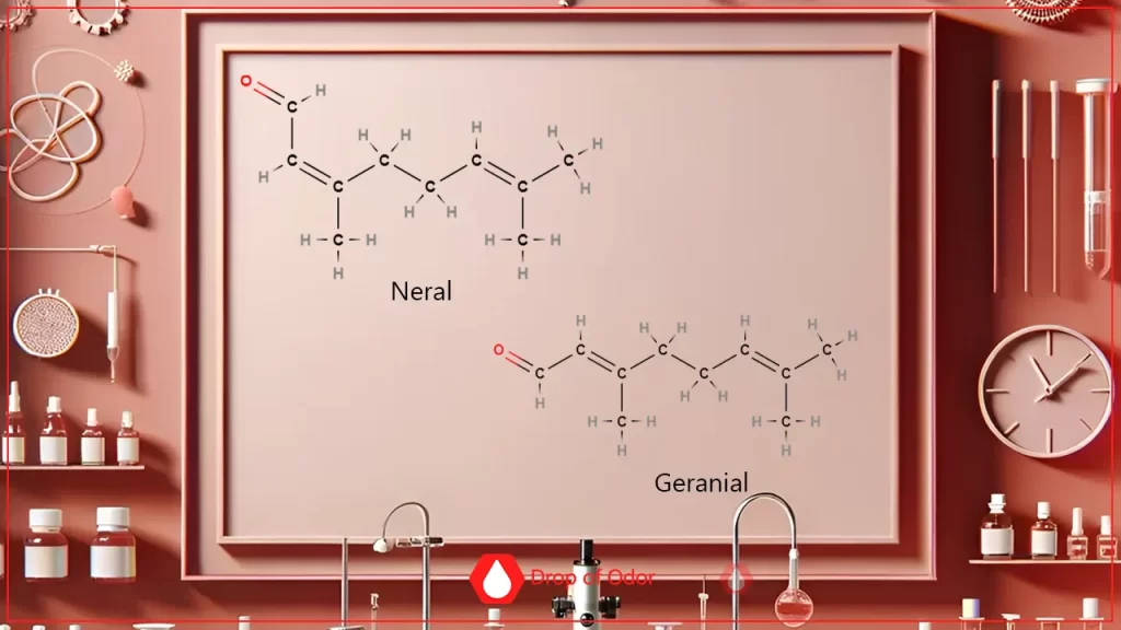 A framed diagram in a stylized, pink lab setting displaying the chemical structures of the geometric isomers Neral (the cis isomer) and Geranial (the trans isomer), highlighting the different orientations of the aldehyde and methyl groups around the central double bond.