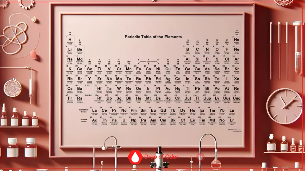 A stylized, pink-toned image of a Periodic Table of the Elements displayed in a large frame, surrounded by various pieces of laboratory equipment, including glassware and a clock.