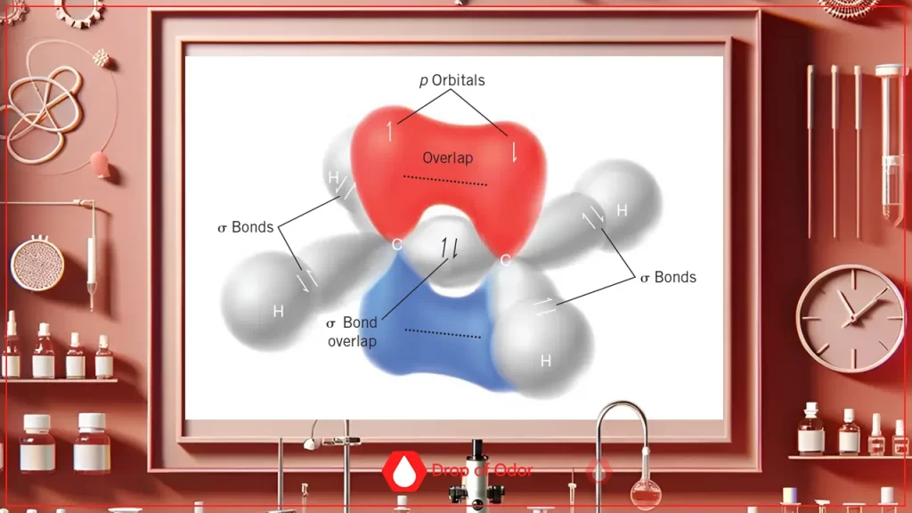 A framed diagram in a stylized lab setting illustrating the structure of an Ethene molecule ($C_2H_4$), showing the sigma ($\sigma$) bond overlap (blue) between the two carbon atoms, and the pi bond overlap (red, labeled p Orbitals) above and below the molecular plane.