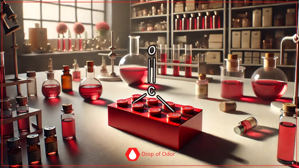 A stylized, red-toned image of a laboratory bench featuring the molecular structure of a carbonyl group (C=O), which is constructed from a three-dimensional model made of red building blocks and wires, surrounded by vials and glassware.