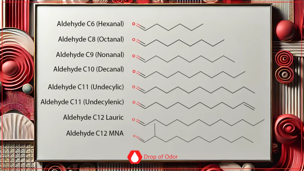 A framed chart displaying the chemical structures of eight classic aliphatic aldehydes used in perfumery, including linear chains like Hexanal (C6), Octanal (C8), Decanal (C10), and branched/unsaturated ones like Aldehyde C12 MNA