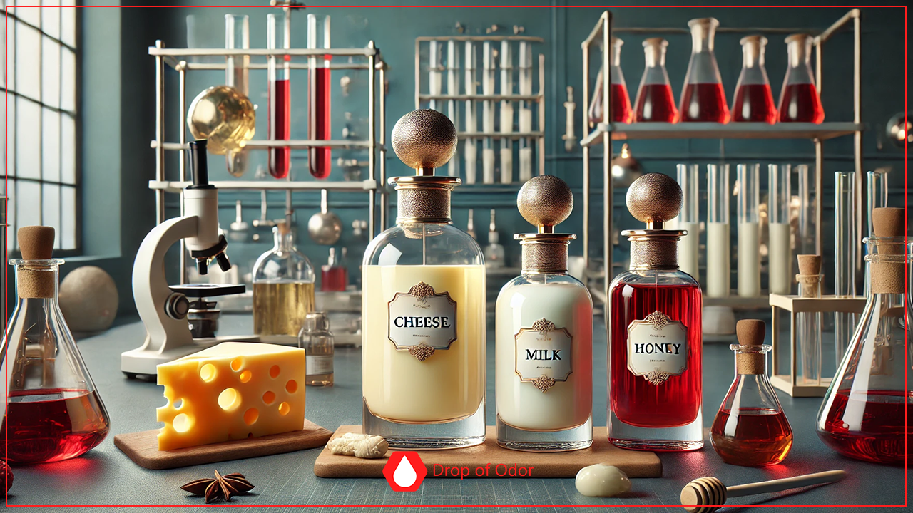 A laboratory or perfumery scene featuring large glass bottles labeled "CHEESE," "MILK," and "HONEY," surrounded by beakers, test tubes with red liquid, a microscope, and a wedge of cheese.
