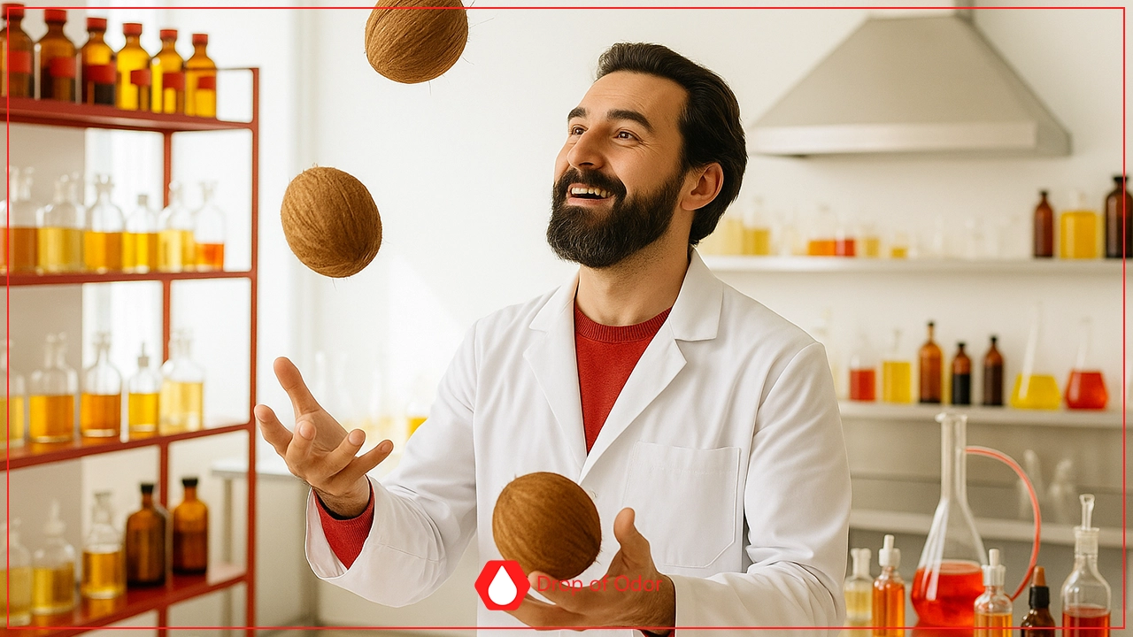 A smiling bearded man in a white lab coat juggling three coconuts in a laboratory setting with shelves of chemical bottles in the background.