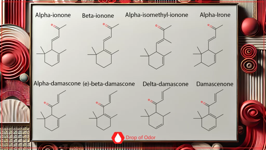Chemical structures of eight ketones used in perfumery, including ionones, ionomethyl-ionone, irone, and damascones, displayed on a whiteboard surrounded by red and white decorative elements.