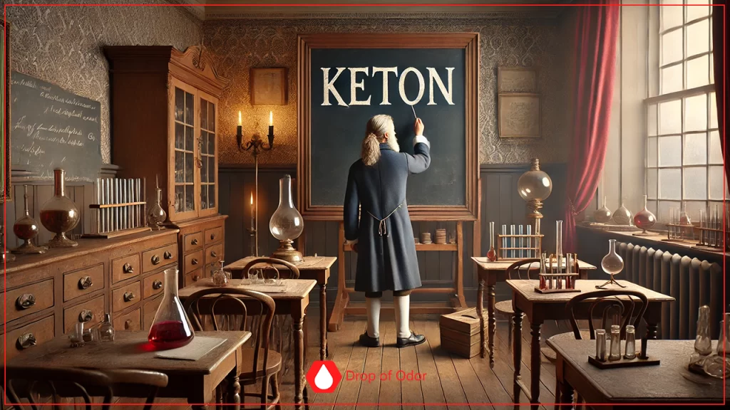 A man in a period costume pointing to the word KETON written on a large blackboard in a dimly lit, antique chemistry laboratory setting.