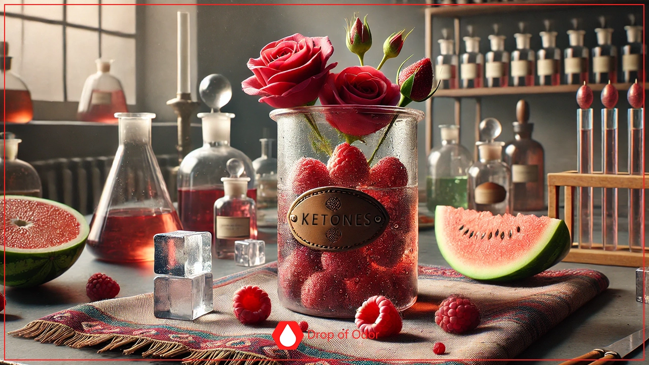 A glass beaker labeled "KETONES" filled with raspberries and red roses, surrounded by lab equipment and watermelon slices, suggesting perfumery or chemical synthesis.
