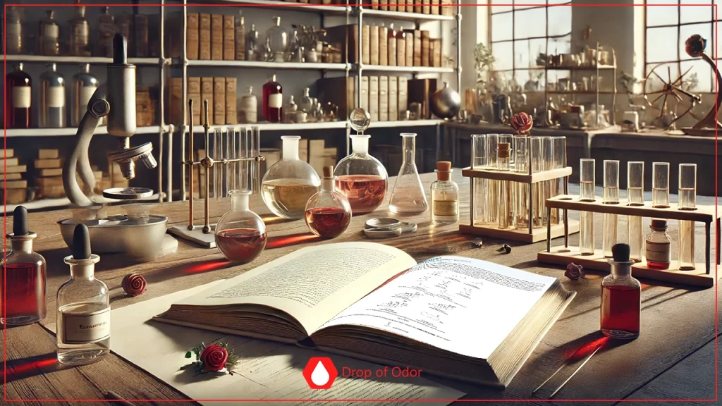 An open book of chemical structures and text on a desk surrounded by small amber and clear bottles, test tubes, and a pair of scissors in a lab setting.