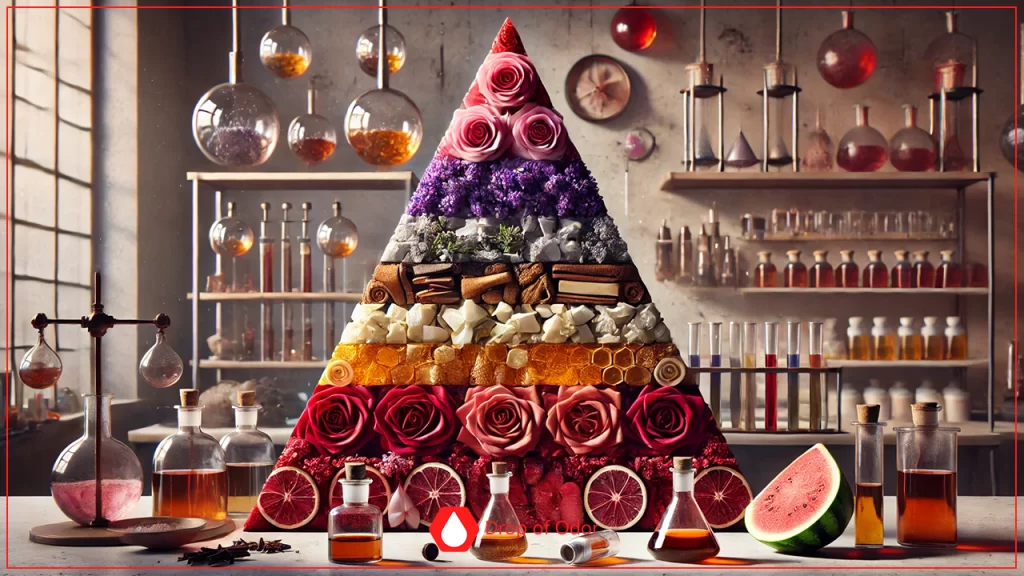 An image of a pyramid representing fragrance notes, stacked with roses, lavender, wood, fruits, and spices, set in a perfumery lab with glassware.