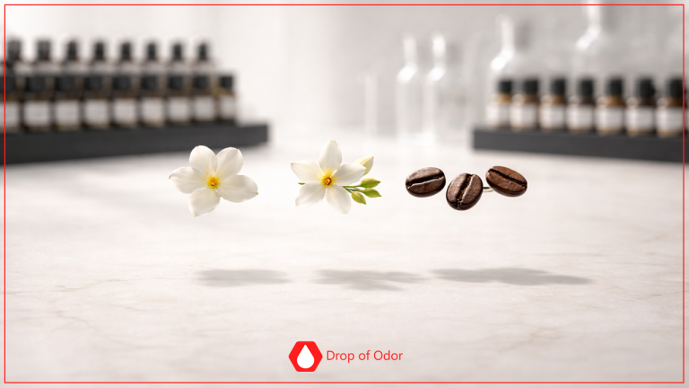 Amines and aromatic compounds are represented by white jasmine flowers,neroli flowers and dark coffee beans floating above a marble surface. The background features a blurred laboratory or perfumery setup with rows of small bottles, and a "Drop of Odor" logo is visible at the bottom center of the frame.