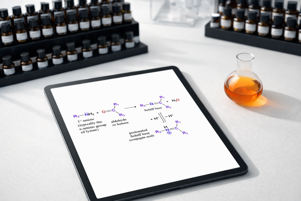 Amines reaction diagram on a digital tablet surrounded by laboratory equipment, including numerous small chemical vials and a flask with orange liquid.